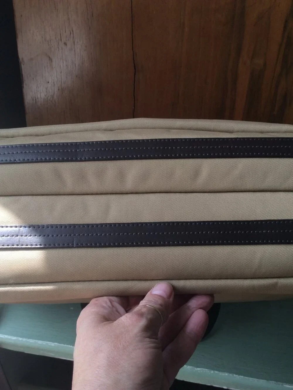 TUMI Laptop Bag, Tan Nylon Body with Brown Leather Trim